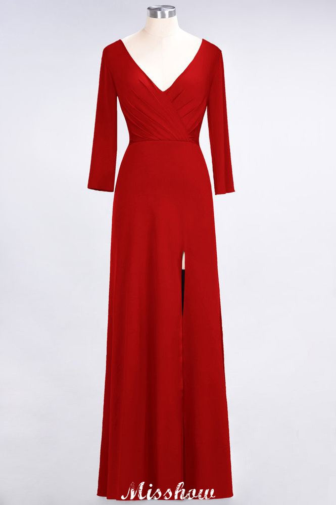 Robe de demoiselle d'honneur longue à manches longues, col en V et fente latérale, ornée de volants