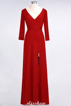 Robe de demoiselle d'honneur longue à manches longues, col en V et fente latérale, ornée de volants