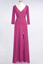 Robe de demoiselle d'honneur longue à manches longues, col en V et fente latérale, ornée de volants