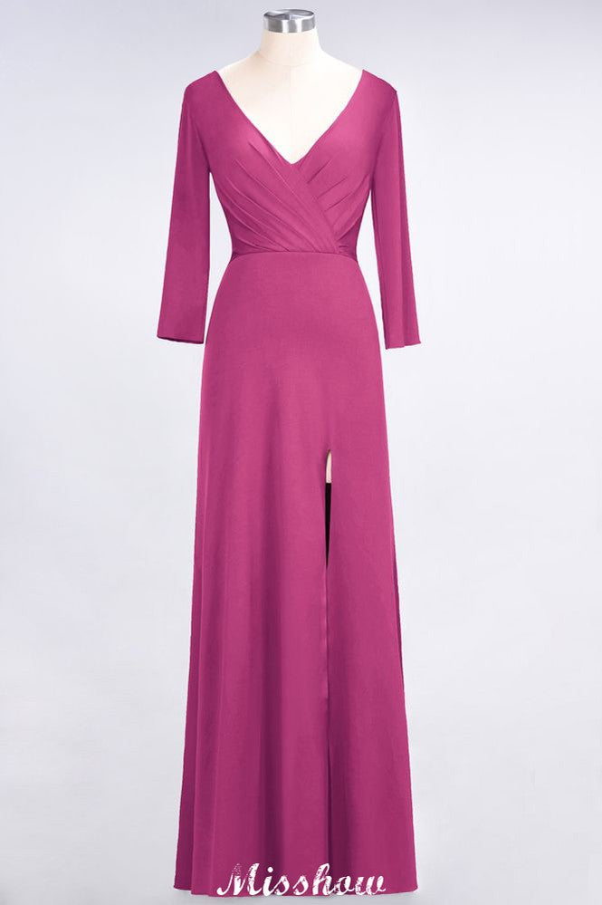 Robe de demoiselle d'honneur longue à manches longues, col en V et fente latérale, ornée de volants