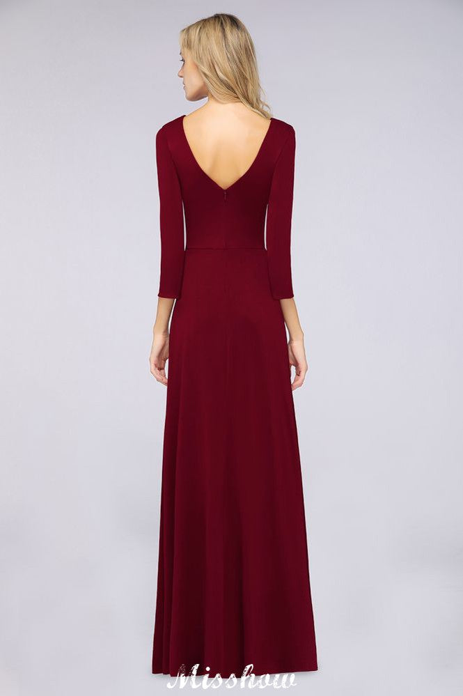 Robe de demoiselle d'honneur longue à manches longues, col en V et fente latérale, ornée de volants