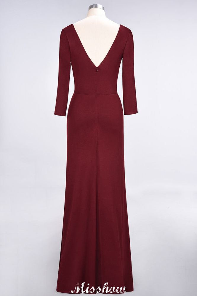 Robe de demoiselle d'honneur longue à manches longues, col en V et fente latérale, ornée de volants