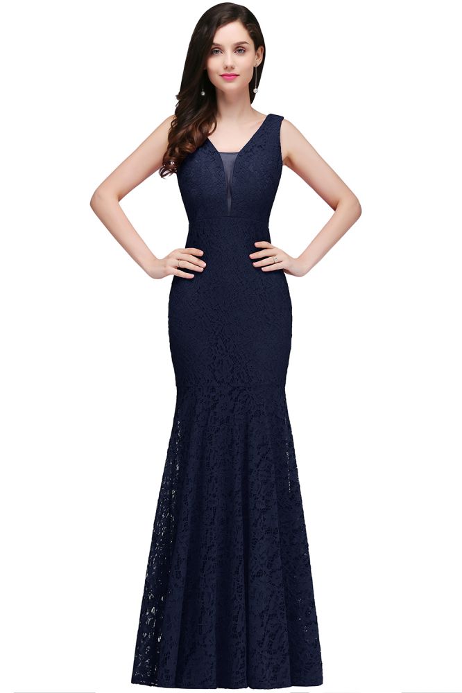 Robe de bal sirène en dentelle longue à col en V