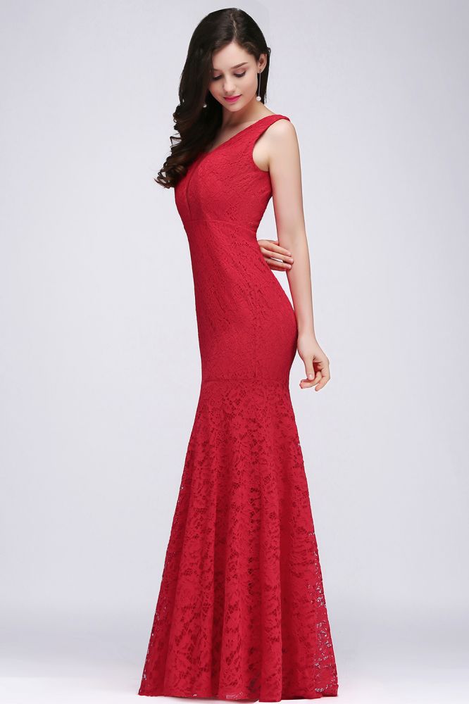 Robe de bal sirène en dentelle longue à col en V