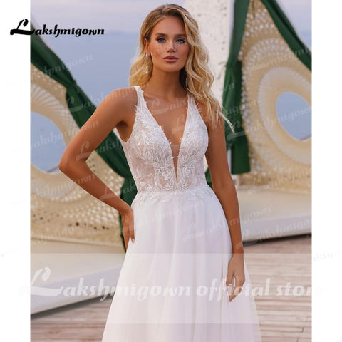 Baoleely V Neck Off The Shoulder Lace Tulle Backless Wedding Dresses