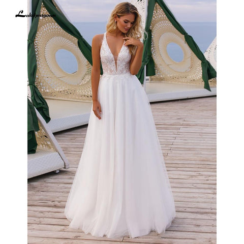 Baoleely V Neck Off The Shoulder Lace Tulle Backless Wedding Dresses