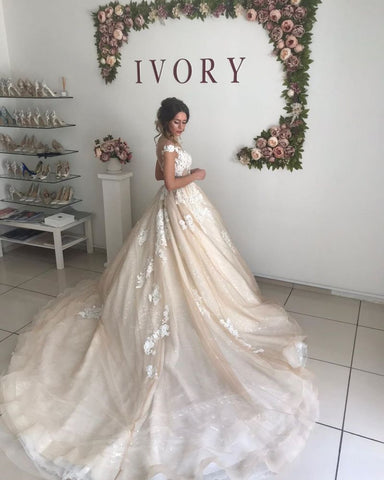 Vestido de novia de princesa con escote en V y hombros descubiertos