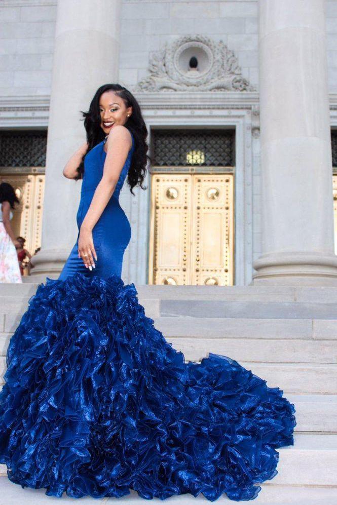 V-Neck Party Dresses Ruffles Mermaid Evening Party Gowns