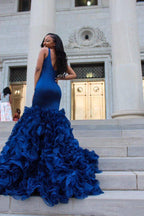 V-Neck Party Dresses Ruffles Mermaid Evening Party Gowns