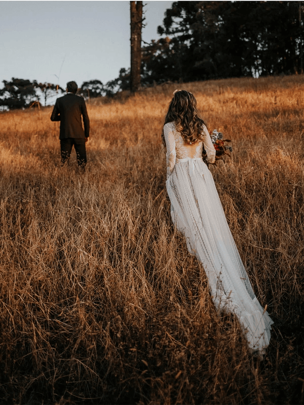 Robe de mariée bohème à pois en dentelle, col en V, dos nu et manches longues WD433 