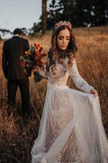 Robe de mariée bohème à pois en dentelle, col en V, dos nu et manches longues WD433 