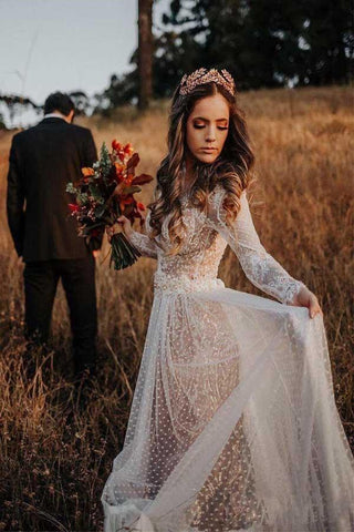 Vestido de novia bohemio de manga larga con escote en V, lunares, encaje y espalda descubierta WD433 