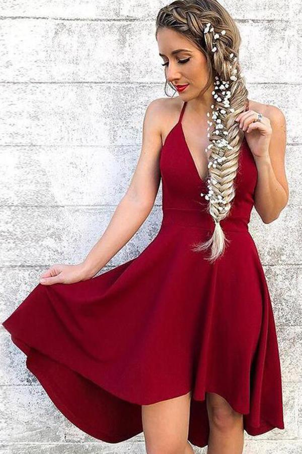 Robe de bal courte rouge à bretelles spaghetti et col en V asymétrique PD100