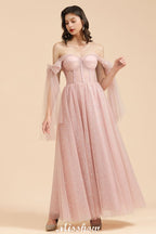 Robe de demoiselle d'honneur rose poudré à col en V, manches en mousseline à volants et coupe trapèze