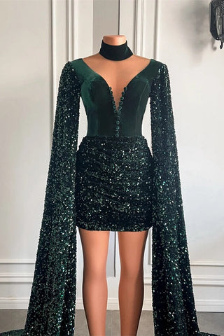 V-Neck Ruffle Long Sleeves Short Prom Dresses in Forest Green