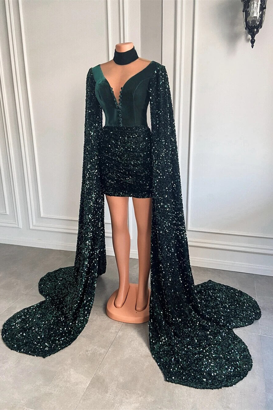 V-Neck Ruffle Long Sleeves Short Prom Dresses in Forest Green