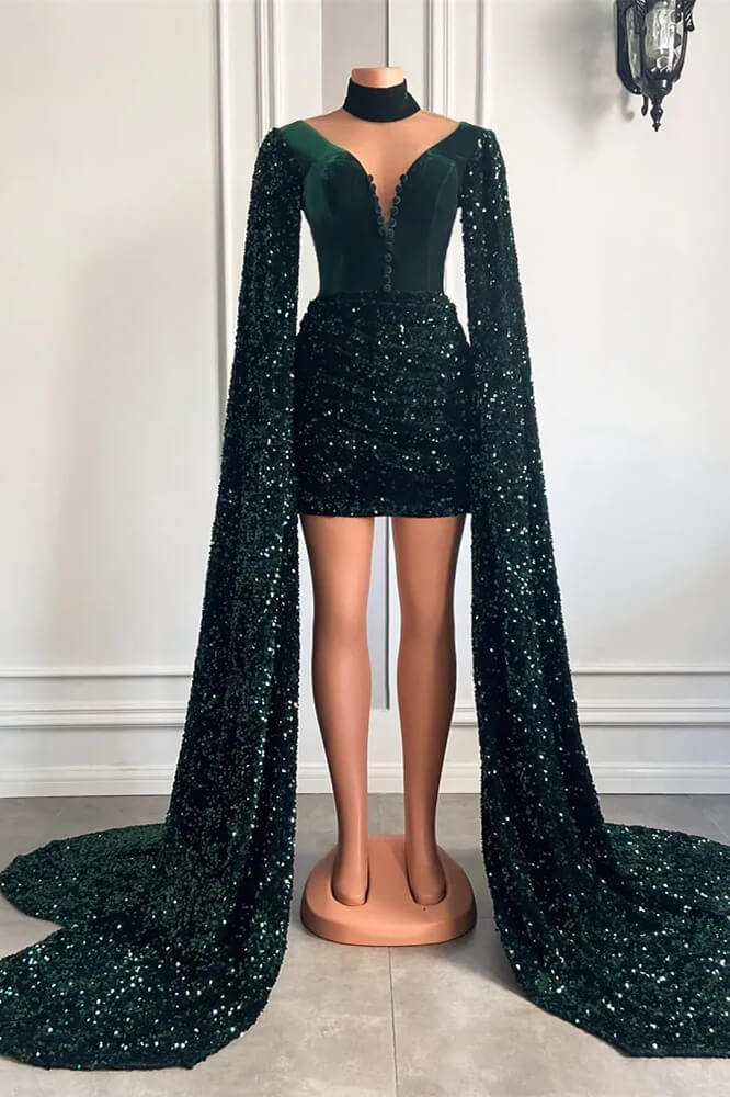 V-Neck Ruffle Long Sleeves Short Prom Dresses in Forest Green