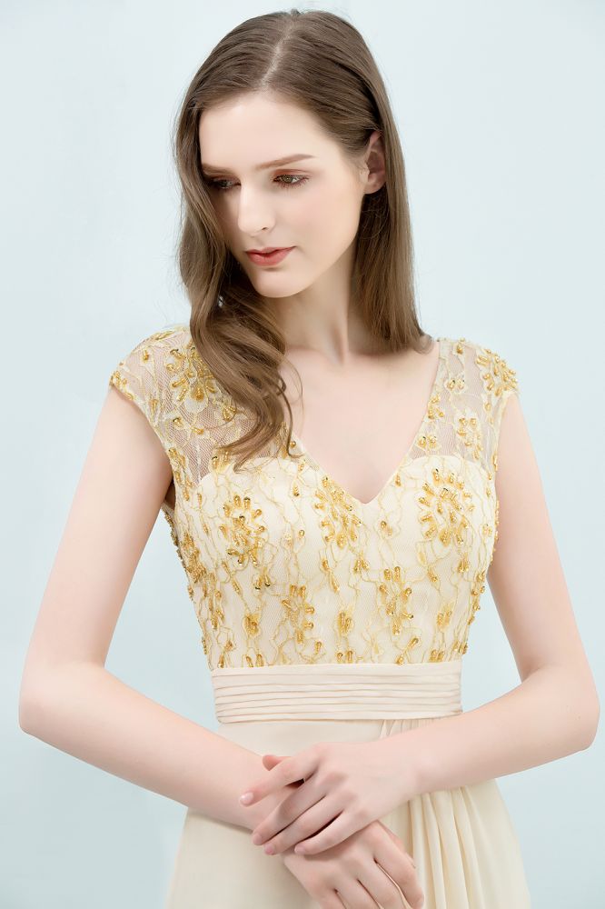 Vestidos de fiesta de gasa de corte A hasta el suelo con escote en V y lentejuelas.