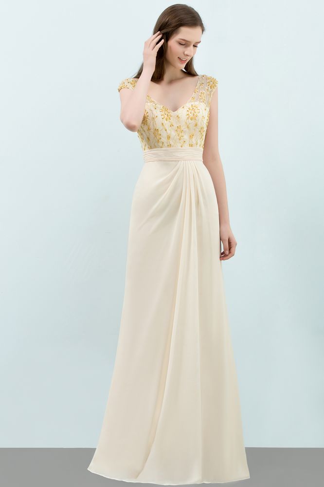 Vestidos de fiesta de gasa de corte A hasta el suelo con escote en V y lentejuelas.