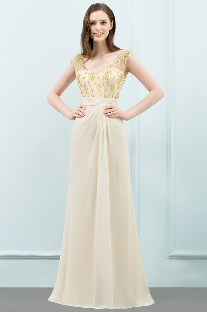 Vestidos de fiesta de gasa de corte A hasta el suelo con escote en V y lentejuelas.