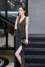 V-Neck Sequins Long Evening Dress With Split