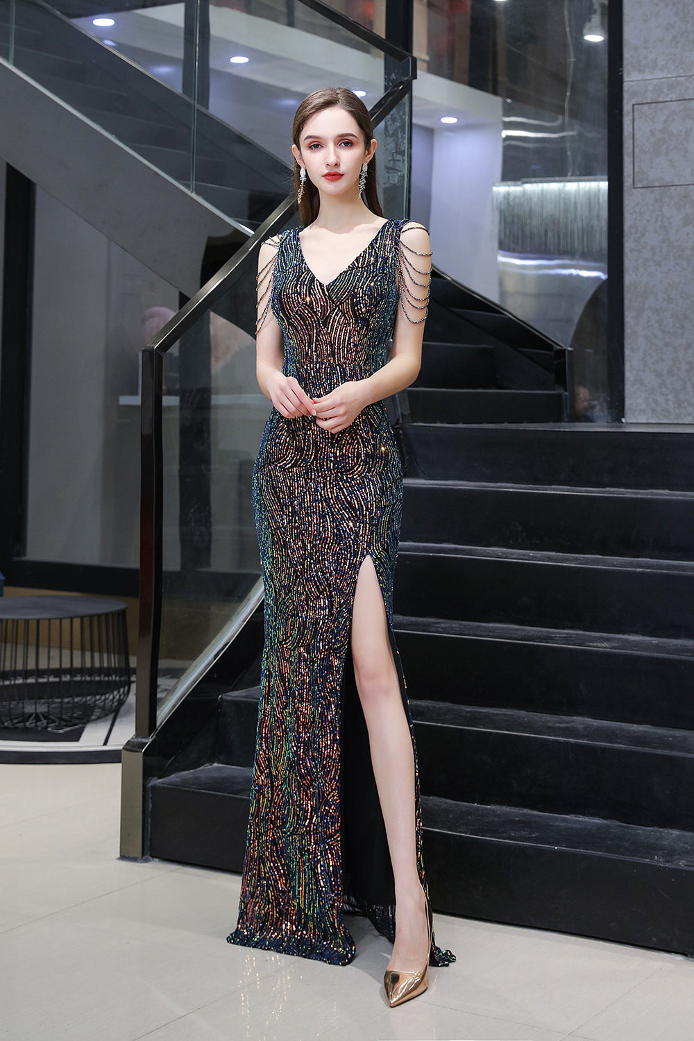 V-Neck Sequins Long Evening Dress With Split