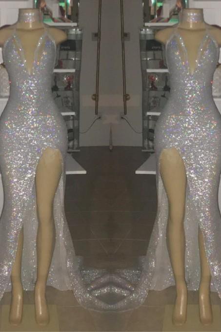 V-Neck Sequins Mermaid Front Slit Long Prom Dress