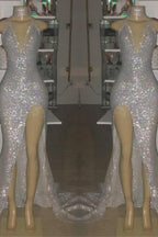 V-Neck Sequins Mermaid Front Slit Long Prom Dress