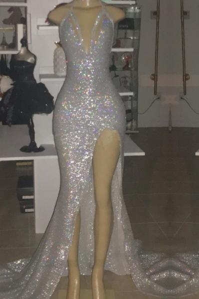 V-Neck Sequins Mermaid Front Slit Long Prom Dress