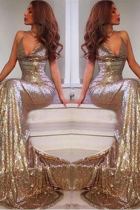 V-Neck Sequins Party Dresses Mermaid Evening Party Gowns With Slit
