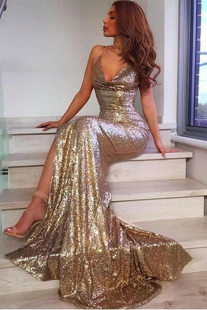 V-Neck Sequins Party Dresses Mermaid Evening Party Gowns With Slit
