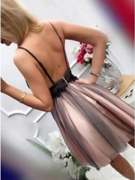 Vestidos cortos de fiesta con escote en V, vestido corto formal con cuentas PD395