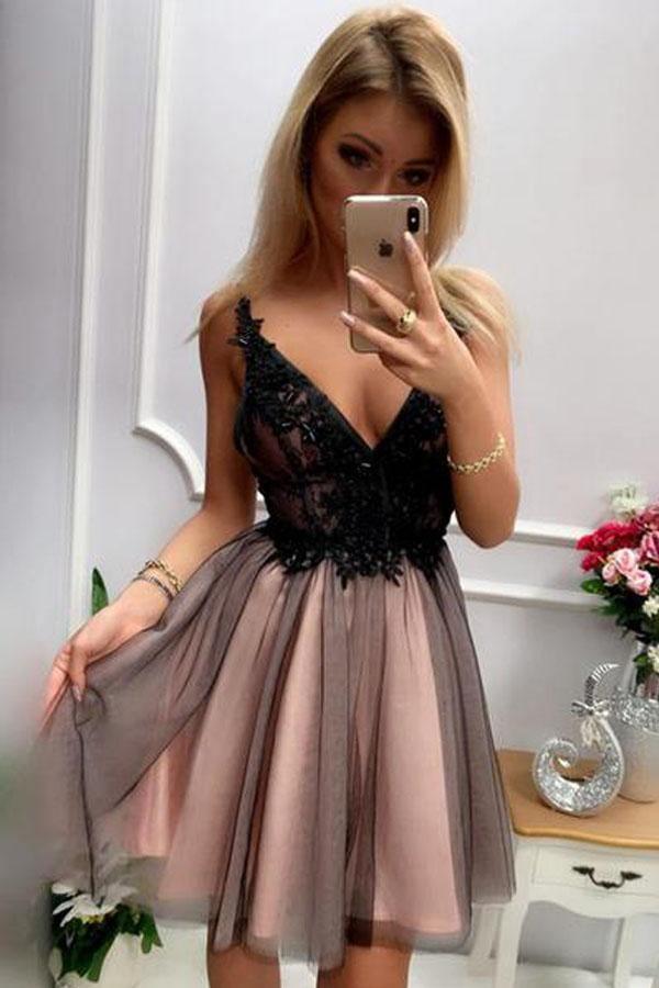 Vestidos cortos de fiesta con escote en V, vestido corto formal con cuentas PD395