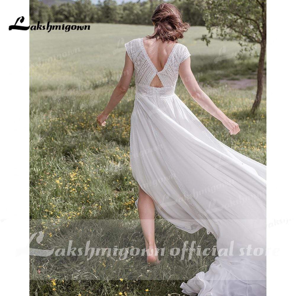 Baoleely V Neck Short Sleeve Backless Lace Chiffon Wedding Dresses