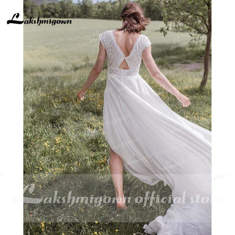 Baoleely V Neck Short Sleeve Backless Lace Chiffon Wedding Dresses