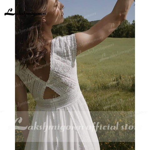 Baoleely V Neck Short Sleeve Backless Lace Chiffon Wedding Dresses