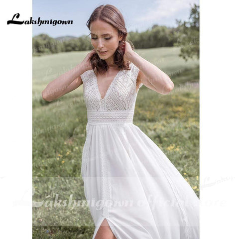 Baoleely V Neck Short Sleeve Backless Lace Chiffon Wedding Dresses
