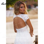 Baoleely V Neck Short Sleeve Lace Appliques Open Back Wedding Dresses