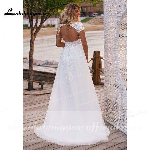 Baoleely V Neck Short Sleeve Lace Appliques Open Back Wedding Dresses