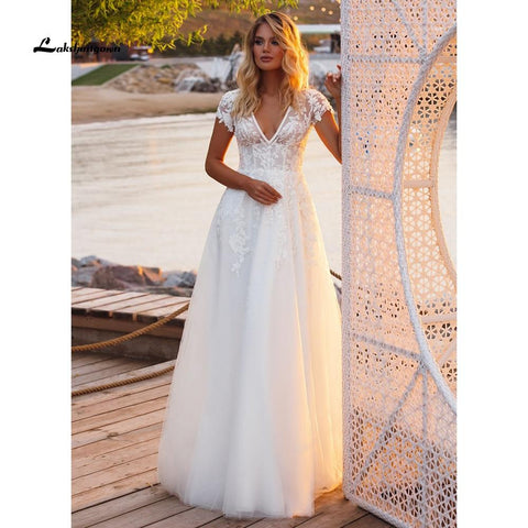 Baoleely V Neck Short Sleeve Lace Appliques Open Back Wedding Dresses
