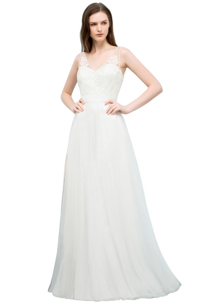 Robes de bal longues en dentelle et tulle, sans manches, col en V et coupe trapèze, col en V