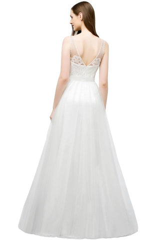 Vestidos de fiesta de encaje y tul, sin mangas, con escote en V y corte en A hasta el suelo