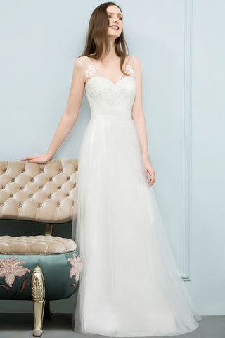 Vestidos de fiesta de encaje y tul, sin mangas, con escote en V y corte en A hasta el suelo