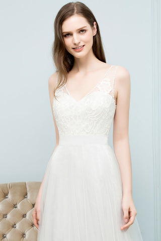 Vestidos de fiesta de encaje y tul, sin mangas, con escote en V y corte en A hasta el suelo