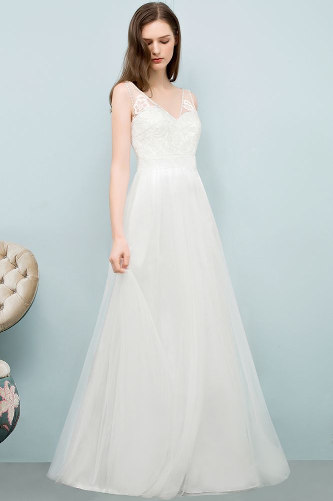 Robes de bal longues en dentelle et tulle, sans manches, col en V et coupe trapèze, col en V