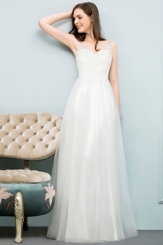 Robes de bal longues en dentelle et tulle, sans manches, col en V et coupe trapèze, col en V
