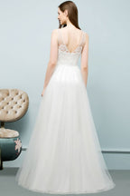 Robes de bal longues en dentelle et tulle, sans manches, col en V et coupe trapèze, col en V