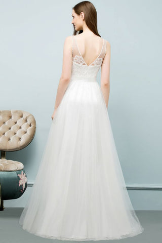 Vestidos de fiesta de encaje y tul, sin mangas, con escote en V y corte en A hasta el suelo