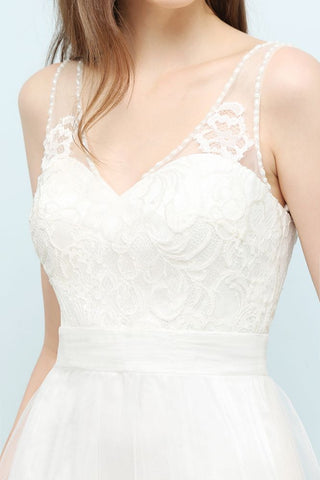 Vestidos de fiesta de encaje y tul, sin mangas, con escote en V y corte en A hasta el suelo