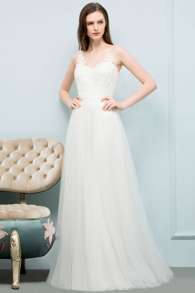 Robes de bal longues en dentelle et tulle, sans manches, col en V et coupe trapèze, col en V